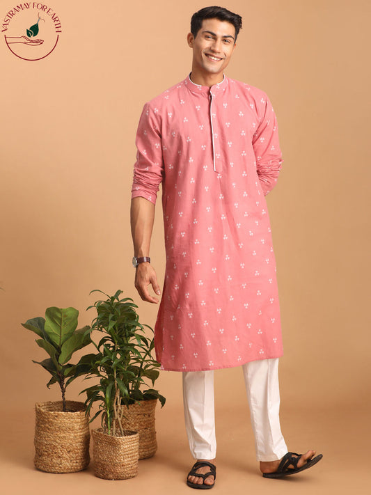 vastramay mens pink geometric booti jacquard kurta with white pant set 2