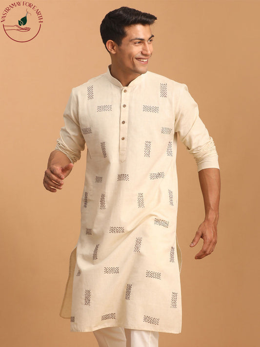 vastramay mens cream katha stich embroidered cotton kurta