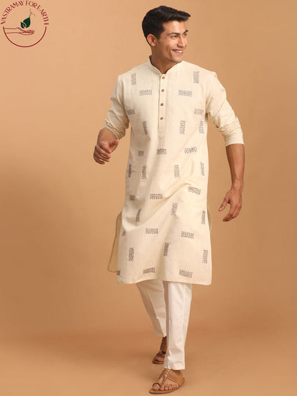 SHVAAS By VASTRAMAY Men's Cream Katha Stich Embroidered cotton Kurta With Cream Pant Set