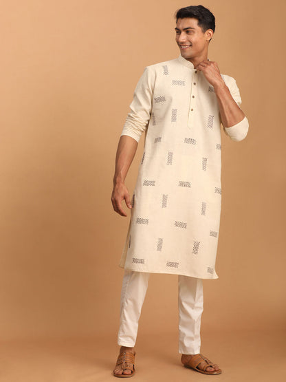 VASTRAMAY Men's Cream Katha Stich Embroidered cotton Kurta With Cream Pant Set