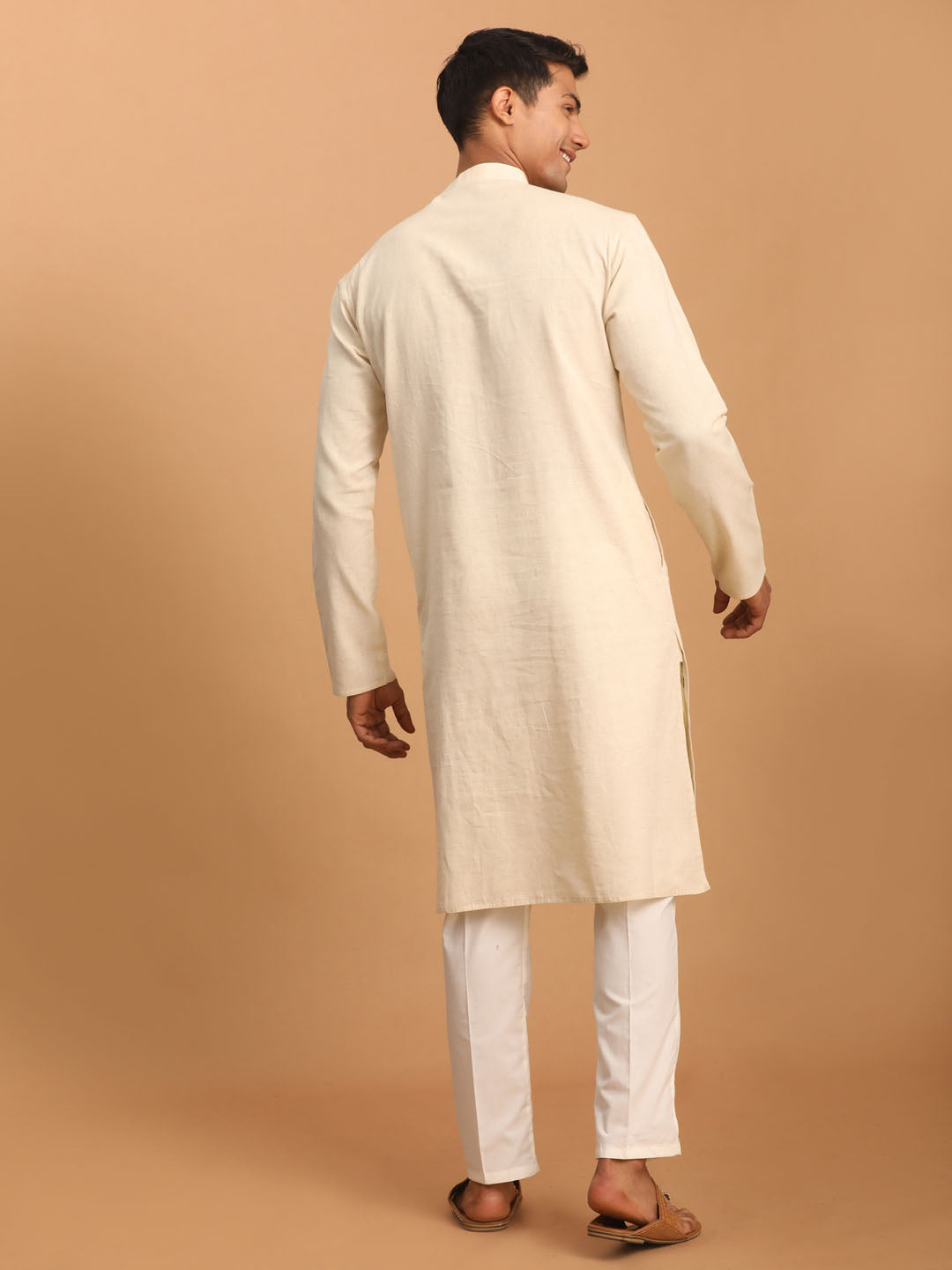 VASTRAMAY Men's Cream Katha Stich Embroidered cotton Kurta With Cream Pant Set