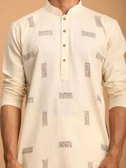 VASTRAMAY Men's Cream Katha Stich Embroidered cotton Kurta With Cream Pant Set