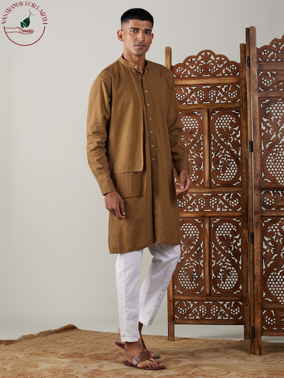 vastramay mens coffee cotton cool dyable solid kurta with white pant set