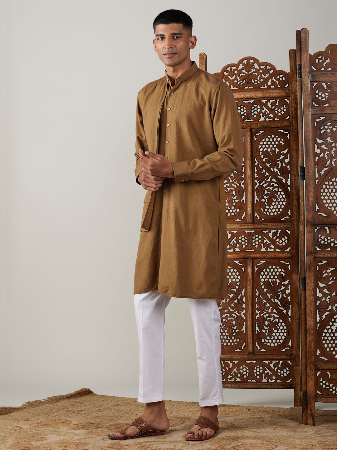 vastramay mens coffee cotton cool dyable solid kurta with white pant set