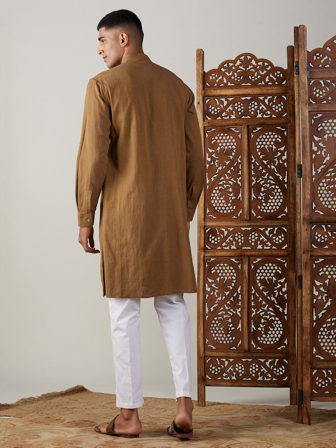vastramay mens coffee cotton cool dyable solid kurta with white pant set