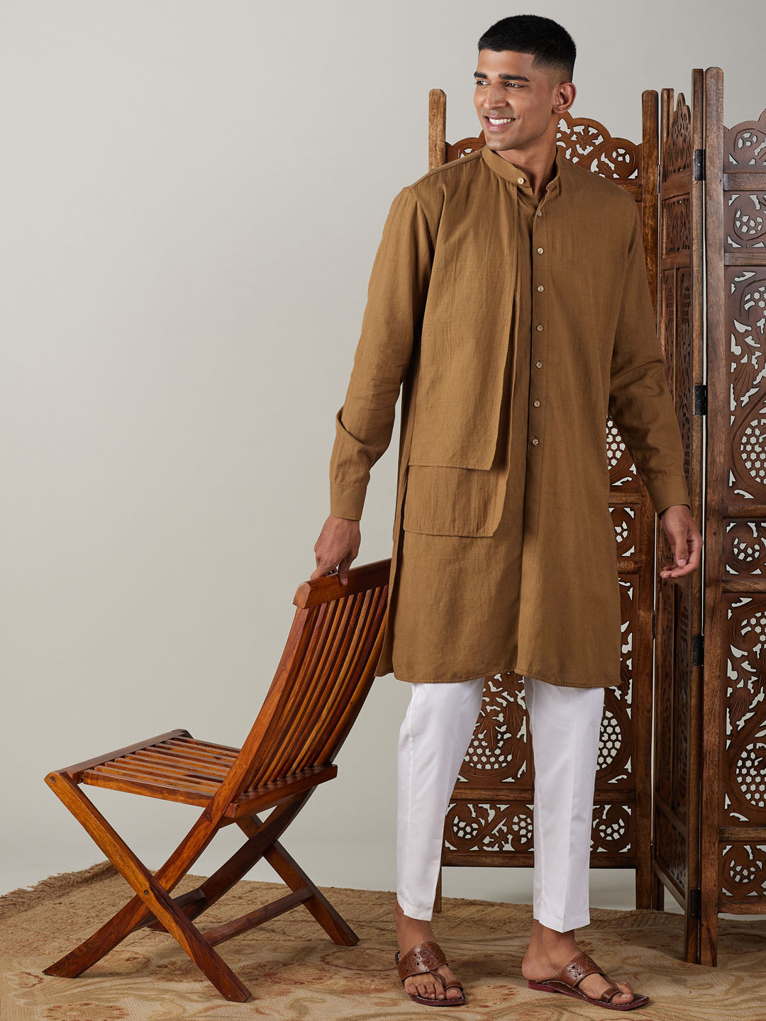 vastramay mens coffee cotton cool dyable solid kurta with white pant set