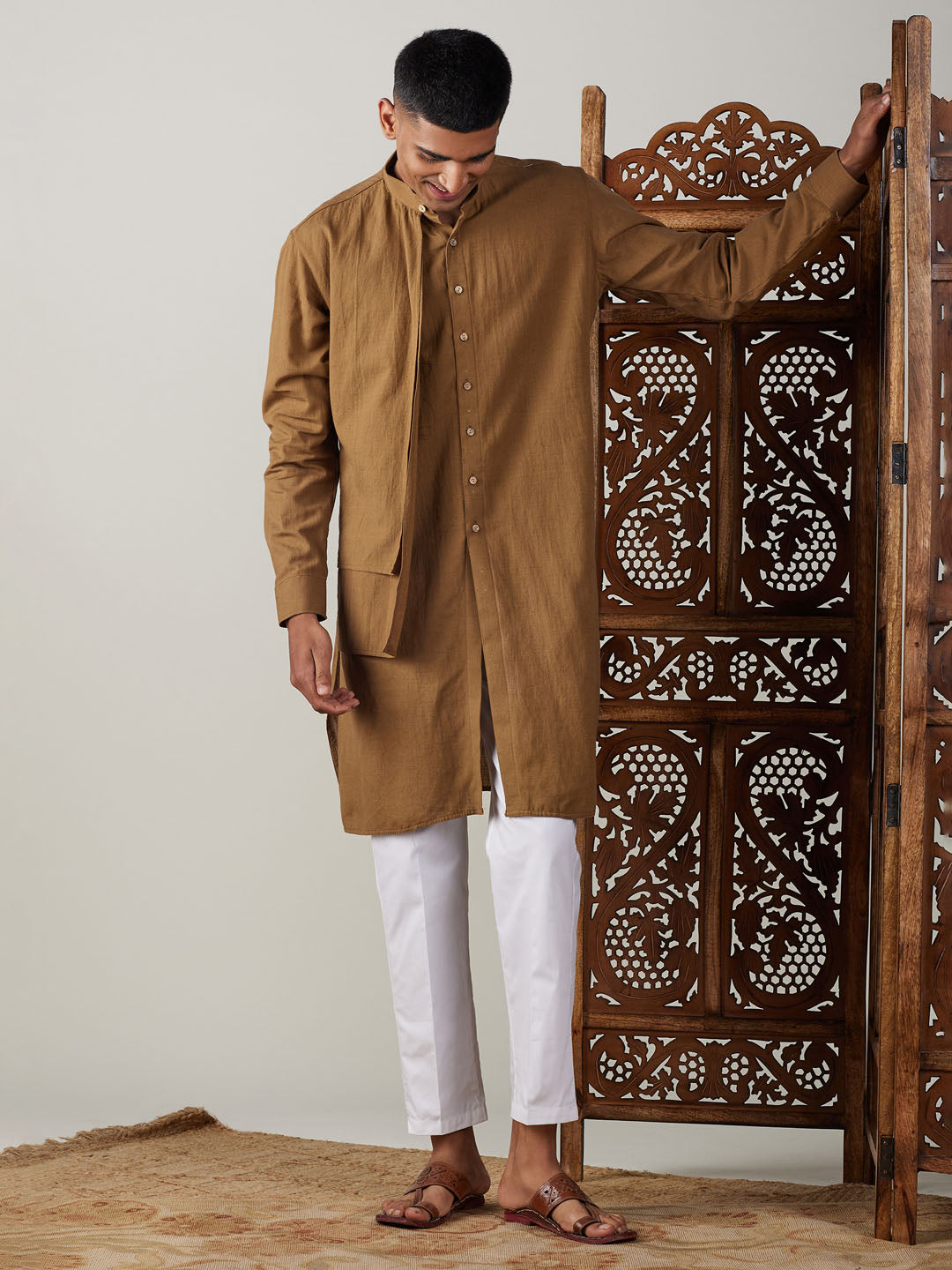 vastramay mens coffee cotton cool dyable solid kurta with white pant set