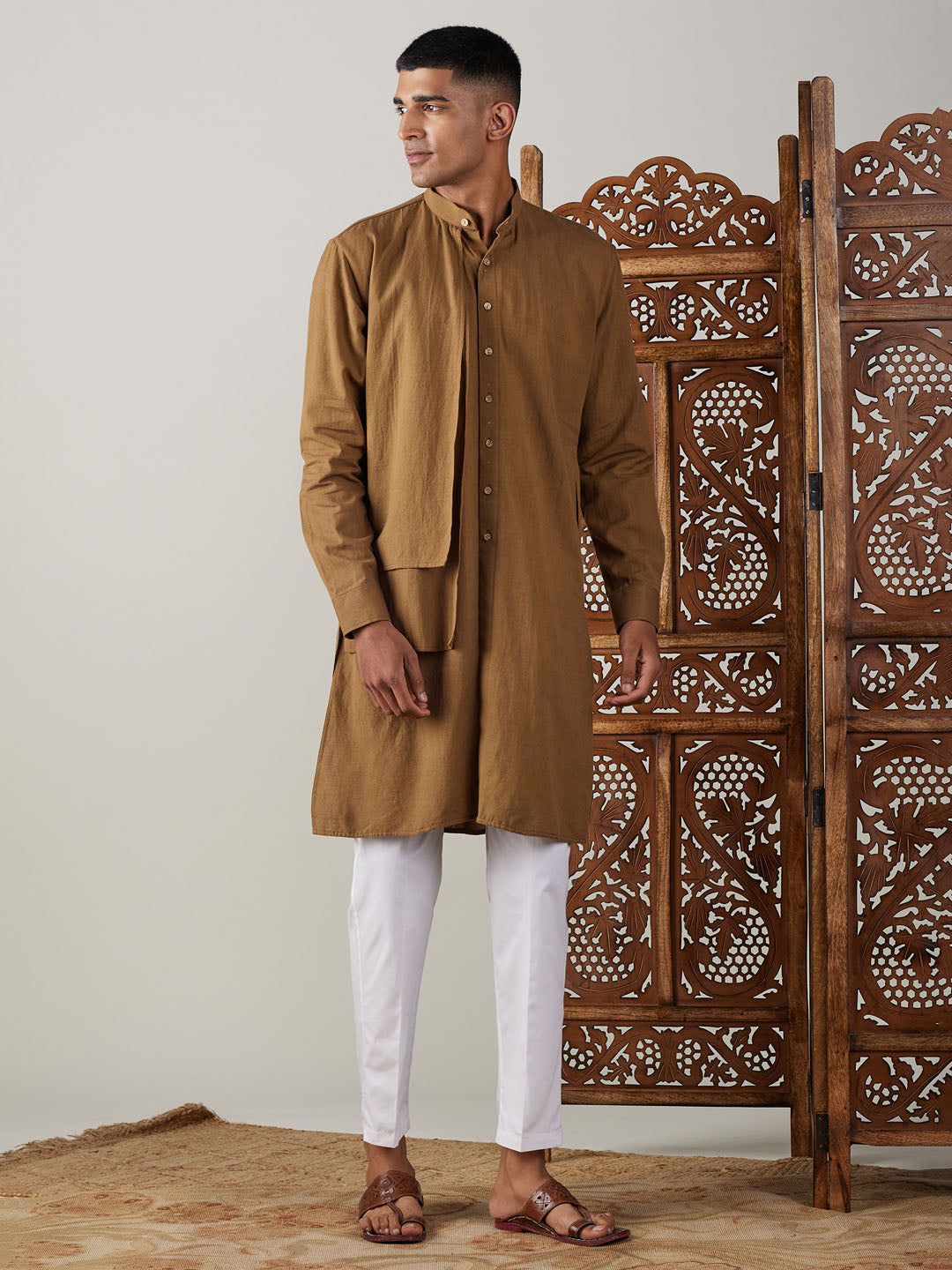 vastramay mens coffee cotton cool dyable solid kurta with white pant set