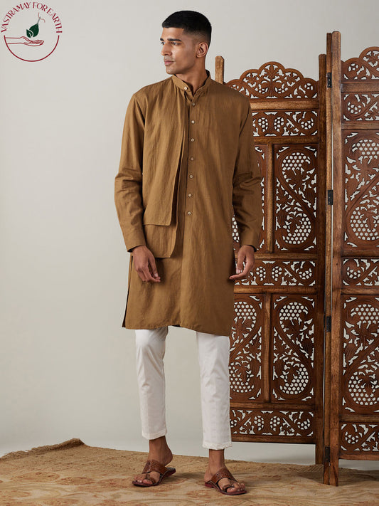 vastramay mens coffee cotton cool dyable solid kurta with cream pant set