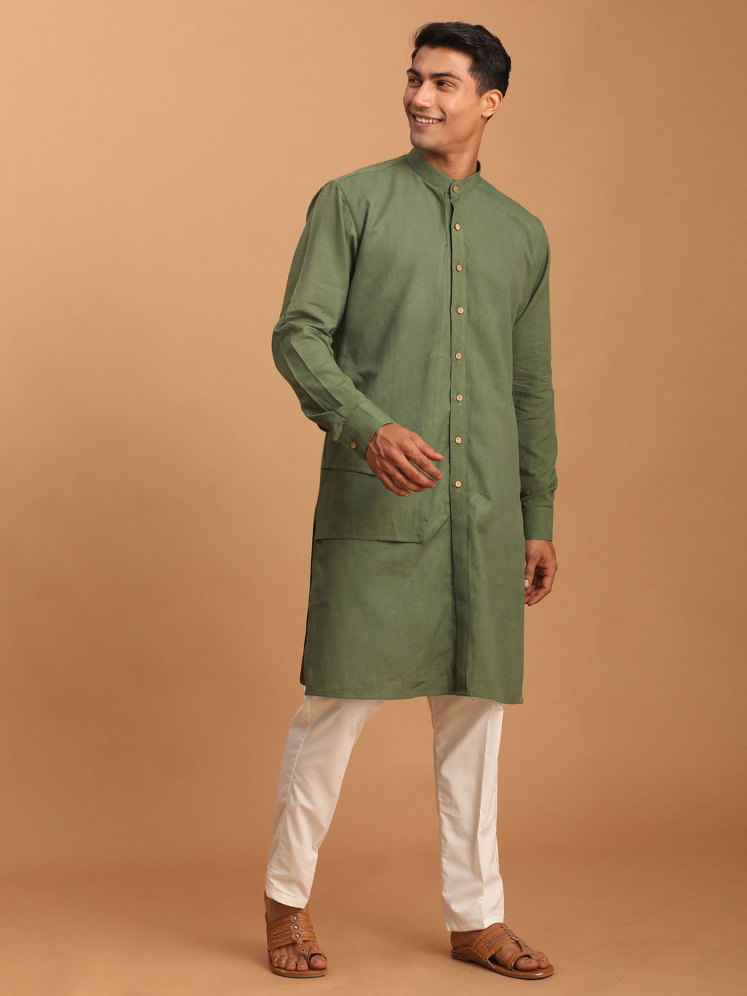 vastramay mens green cotton cool dyable kurta with white pant set 2
