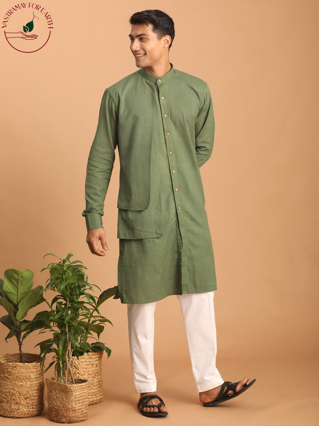 vastramay mens green cotton cool dyable kurta with white pant set 1