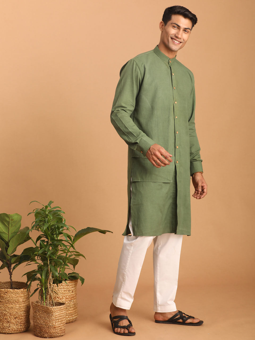 vastramay mens green cotton cool dyable kurta with white pant set 2