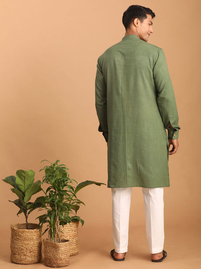 vastramay mens green cotton cool dyable kurta with white pant set 2