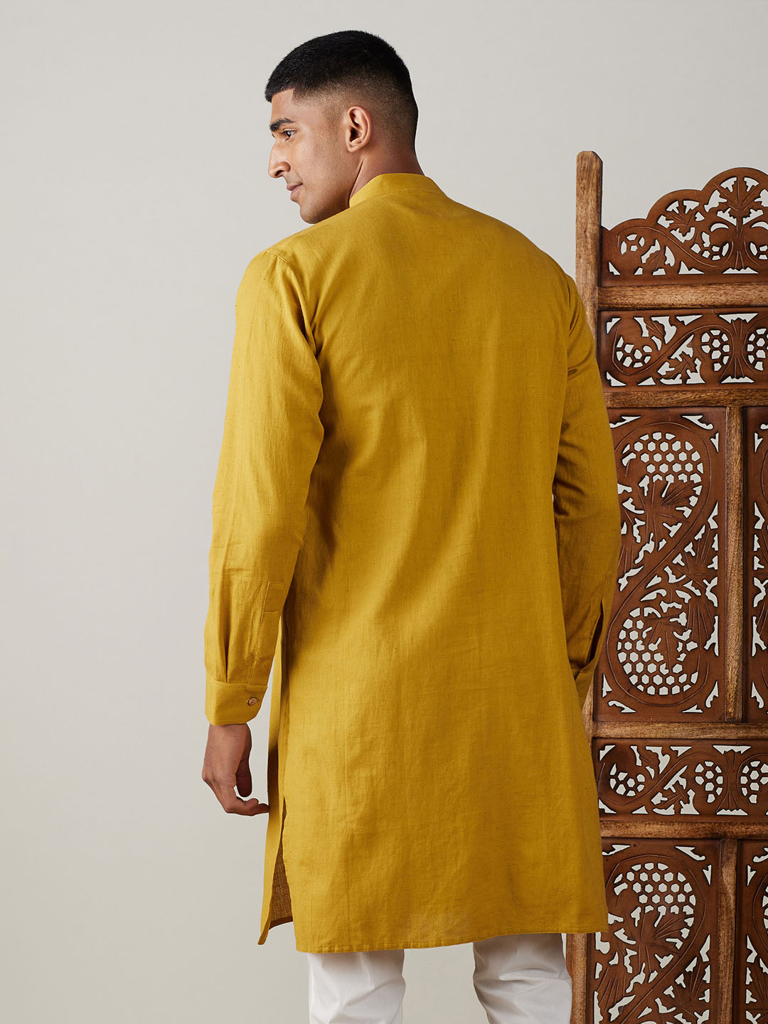 VASTRAMAY Men's Mustard Cotton Cool Dyable Kurta