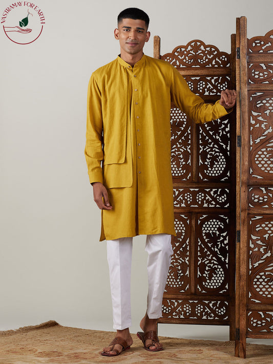 vastramay mens mustard cotton cool dyable solid kurta with white pant set