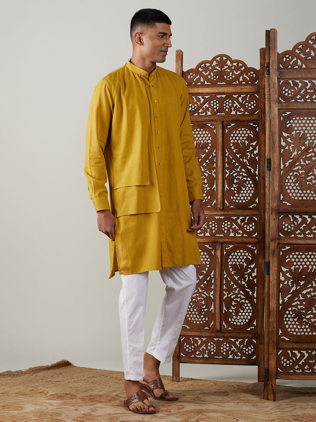 vastramay mens mustard cotton cool dyable solid kurta with white pant set