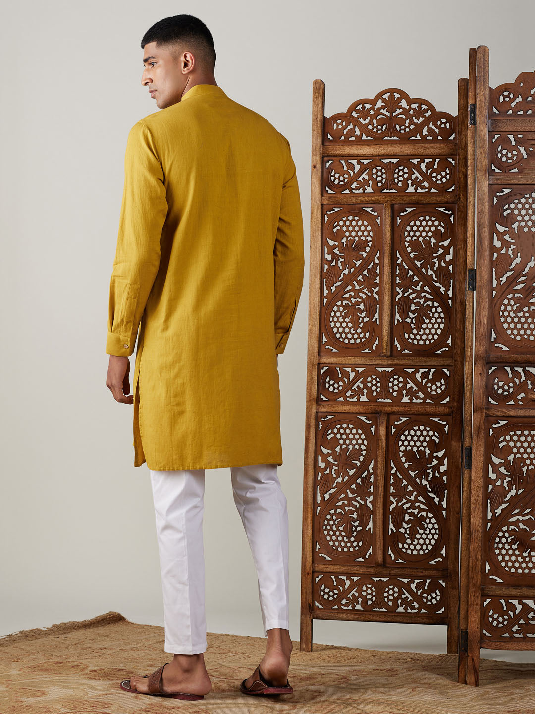 vastramay mens mustard cotton cool dyable solid kurta with white pant set