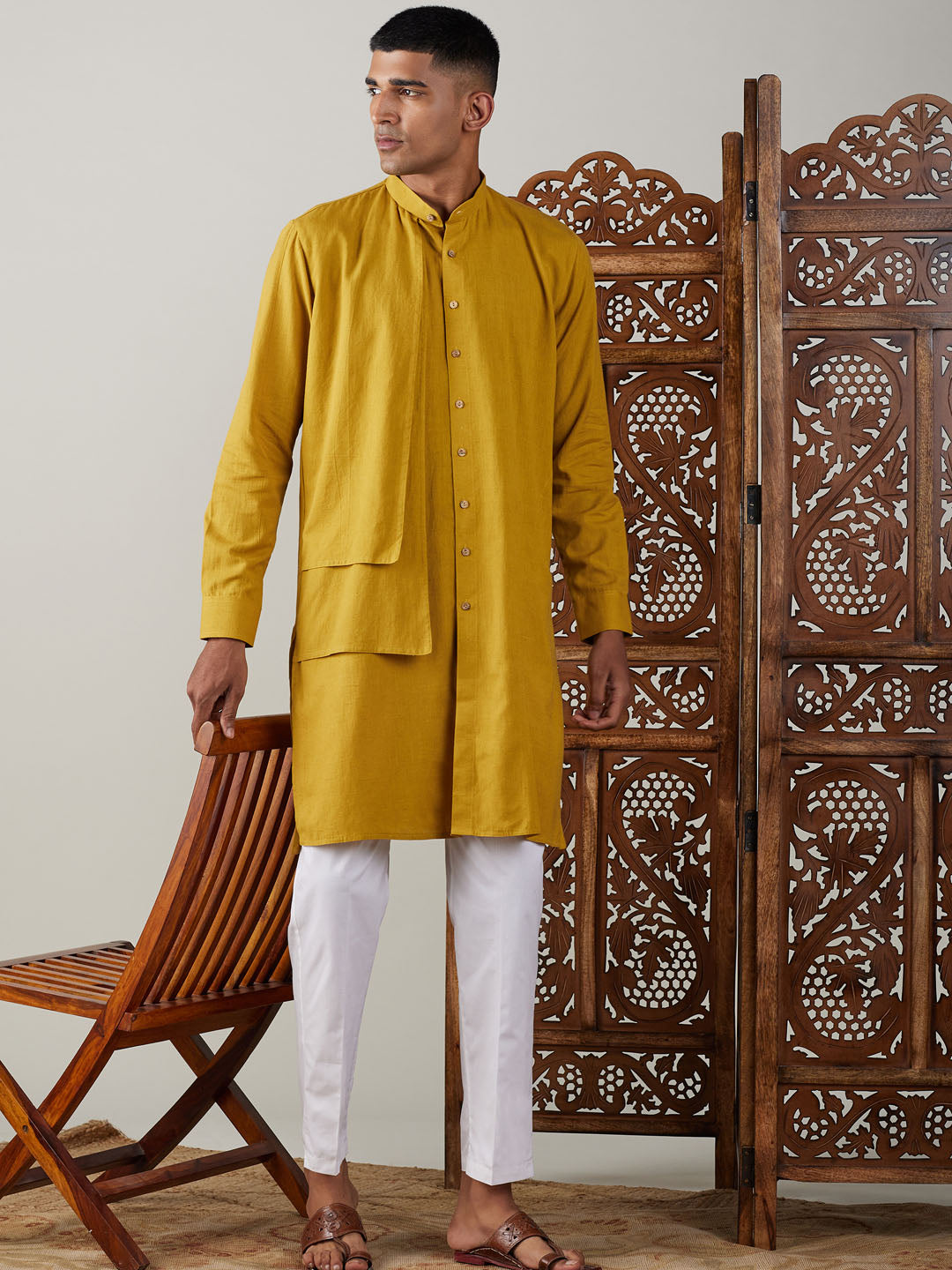 vastramay mens mustard cotton cool dyable solid kurta with white pant set