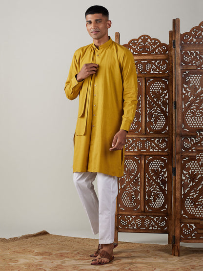 vastramay mens mustard cotton cool dyable solid kurta with white pant set