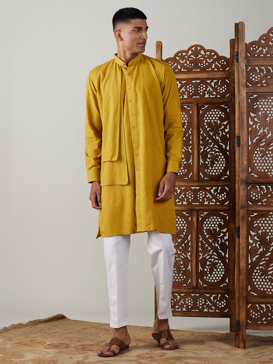 vastramay mens mustard cotton cool dyable solid kurta with white pant set