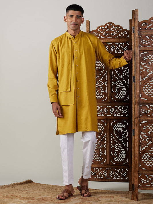 SHVAAS By VASTRAMAY Men's Mustard Cotton Cool Dyable Kurta with Cream Pant Set