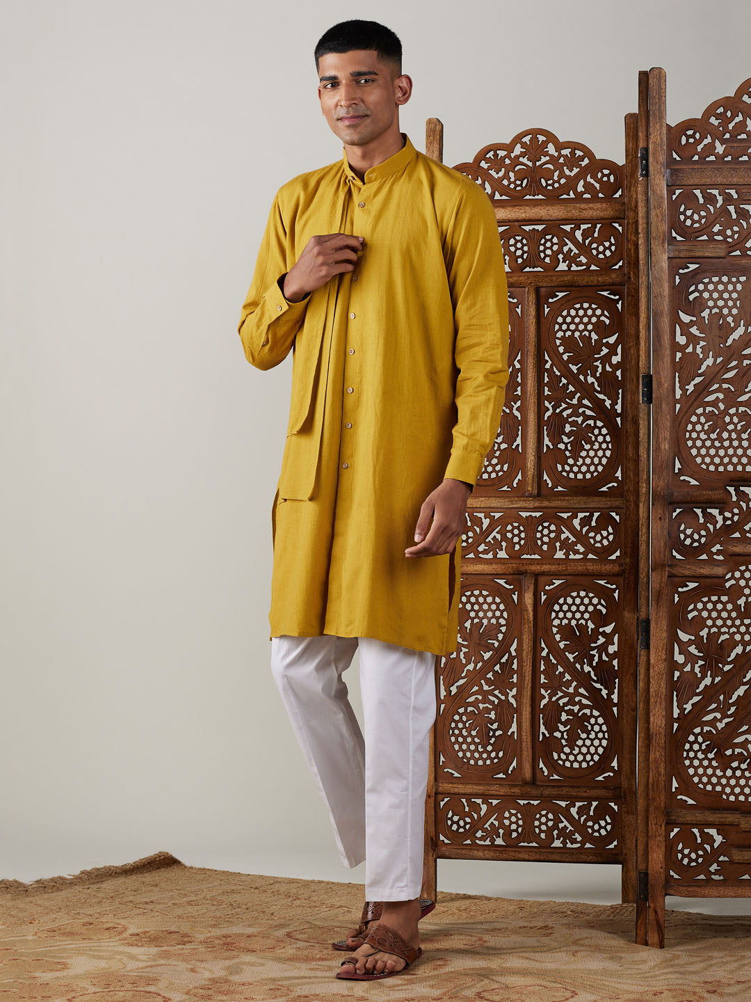 VASTRAMAY Men's Mustard Cotton Cool Dyable Kurta with Cream Pant Set