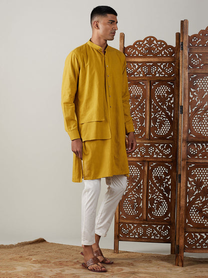 vastramay mens mustard cotton cool dyable solid kurta with cream pant set