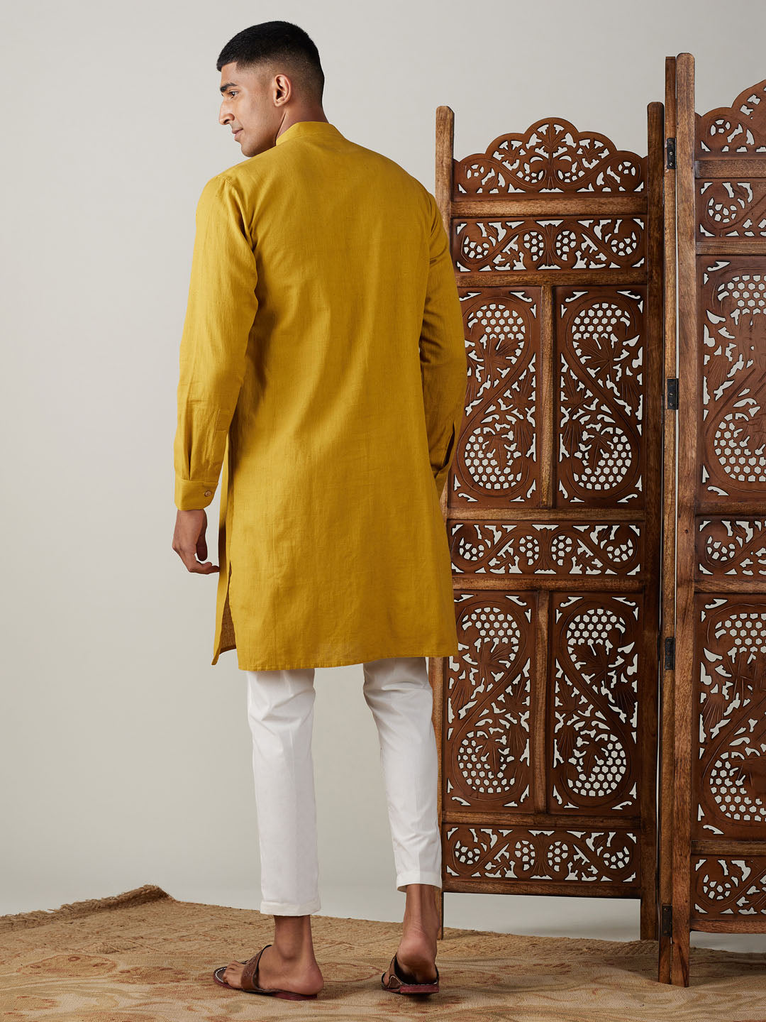 vastramay mens mustard cotton cool dyable solid kurta with cream pant set