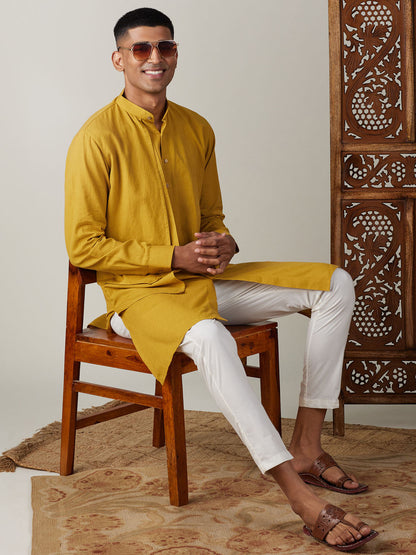 vastramay mens mustard cotton cool dyable solid kurta with cream pant set