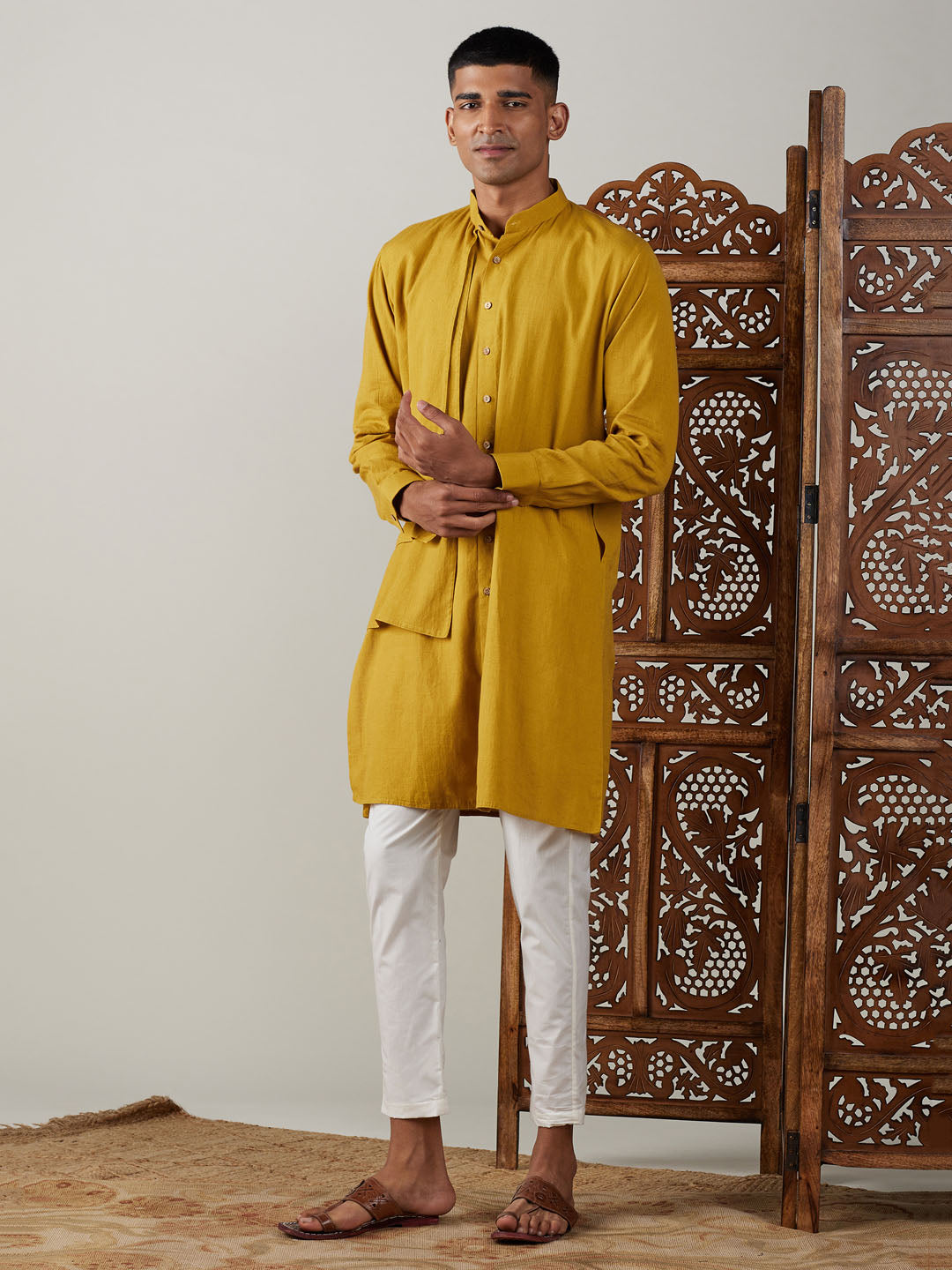 vastramay mens mustard cotton cool dyable solid kurta with cream pant set