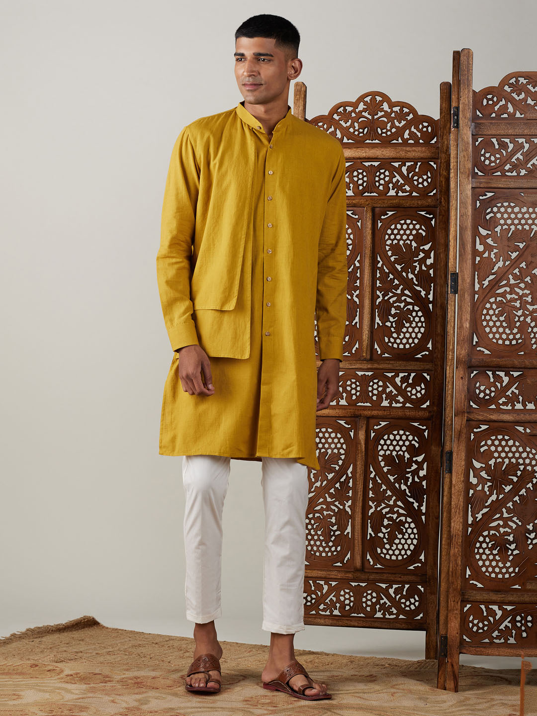 vastramay mens mustard cotton cool dyable solid kurta with cream pant set