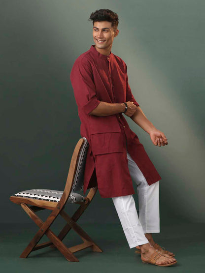 Vastramay Men's Wine Cotton Cool Dyable Kurta