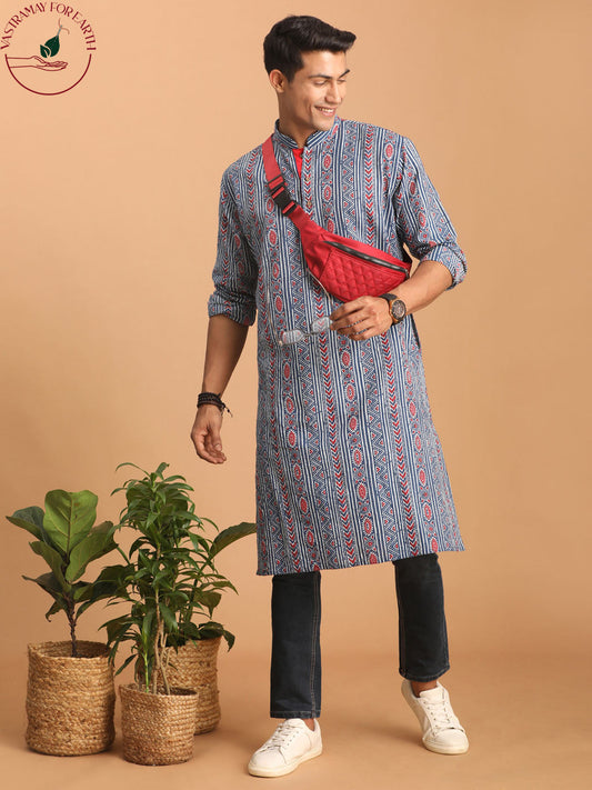 vastramay mens indigo printed cotton kurta