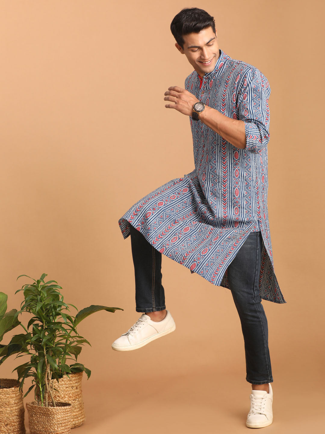 vastramay mens indigo printed cotton kurta