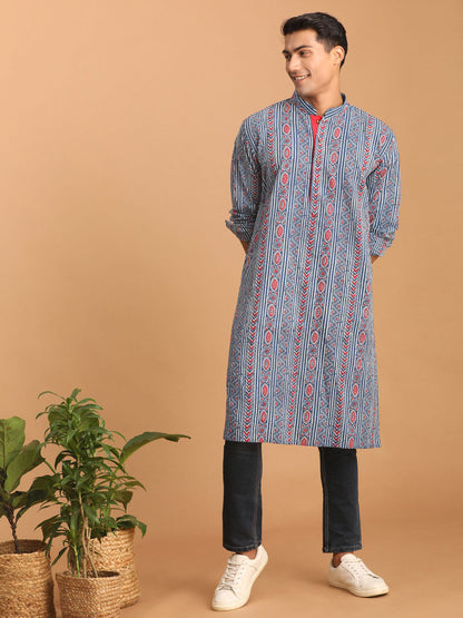 vastramay mens indigo printed cotton kurta