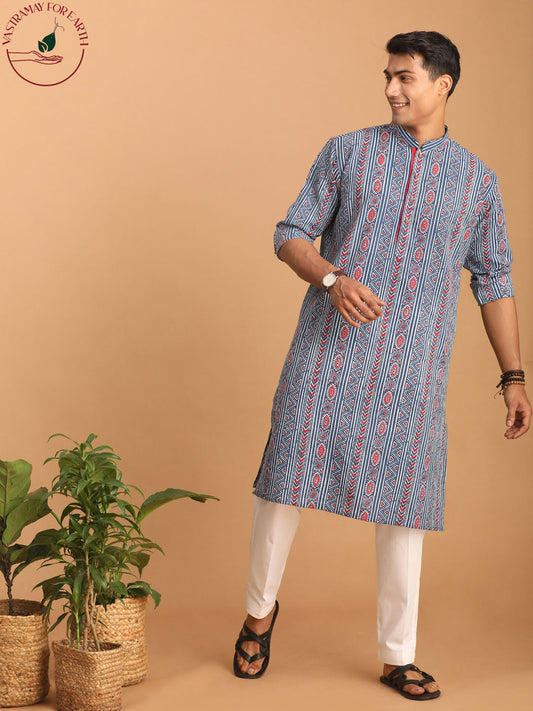 vastramay mens indigo printed cotton kurta with white pant set 1