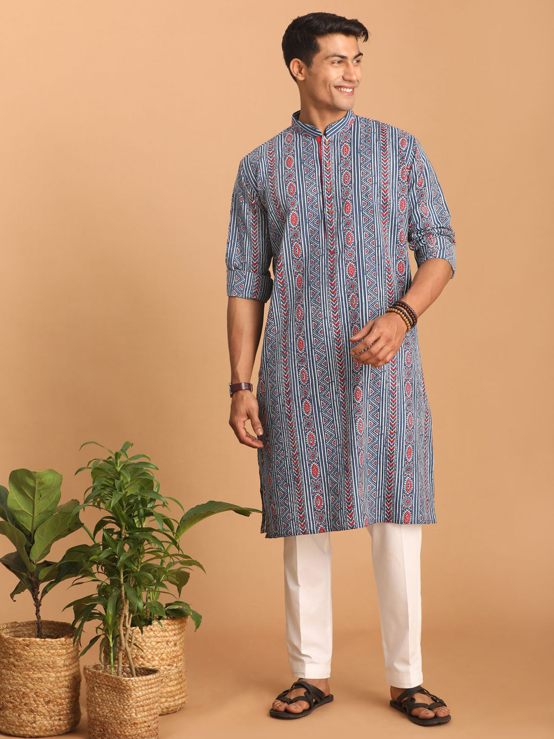 vastramay mens indigo blue printed cotton kurta with white pant set