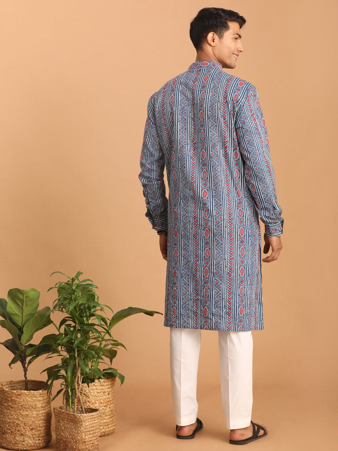 vastramay mens indigo blue printed cotton kurta with white pant set