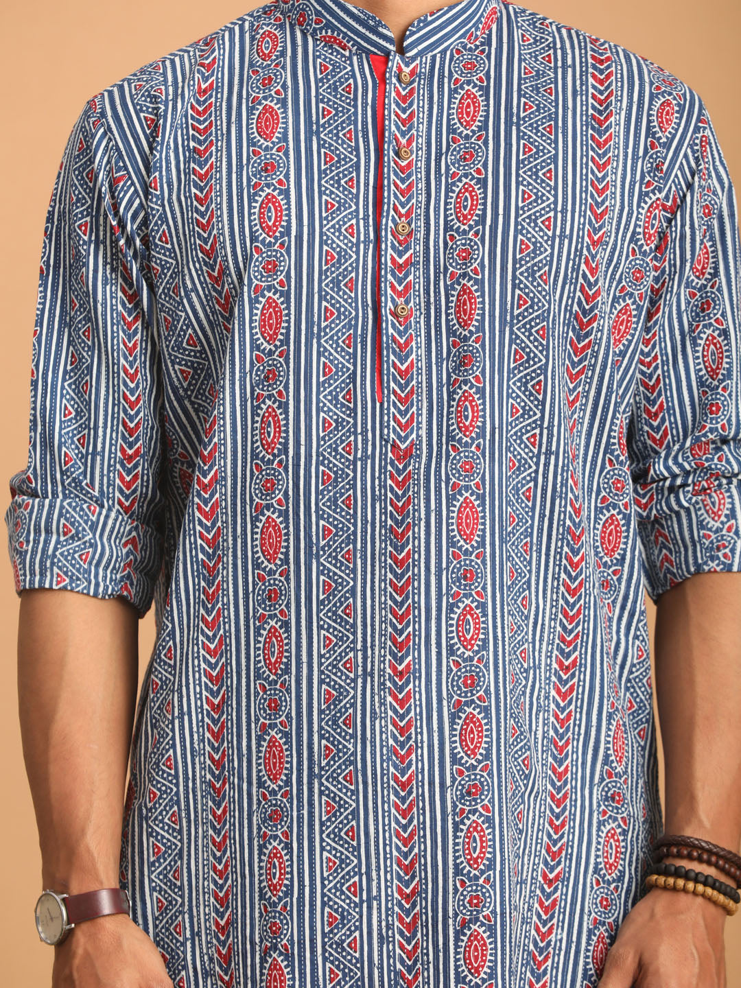 vastramay mens indigo blue printed cotton kurta with white pant set