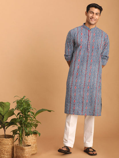 vastramay mens indigo blue printed cotton kurta with white pant set