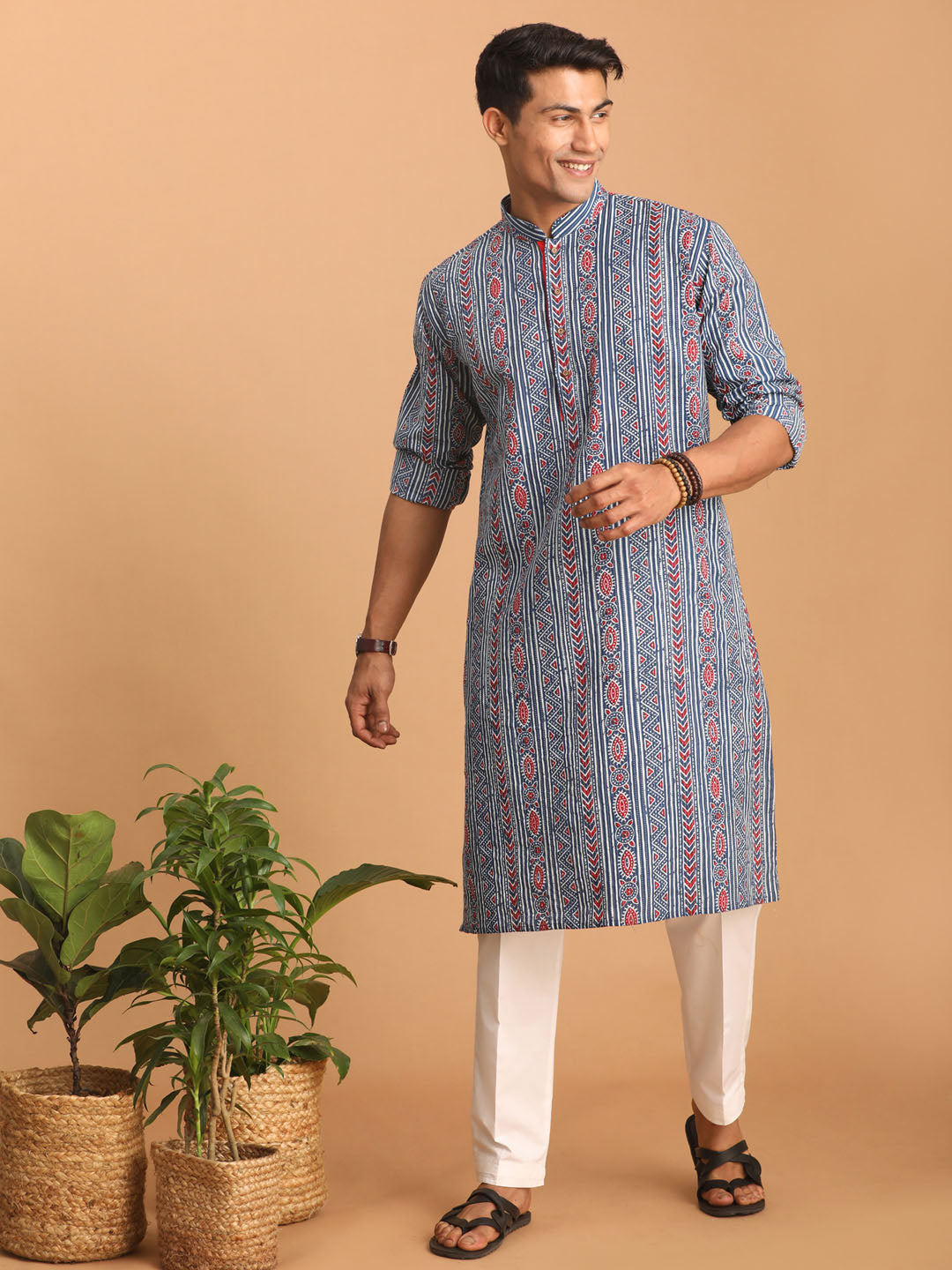 vastramay mens indigo blue printed cotton kurta with white pant set