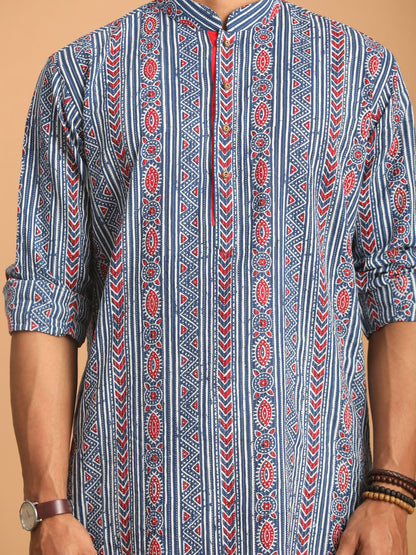 vastramay mens indigo printed cotton kurta with white pant set