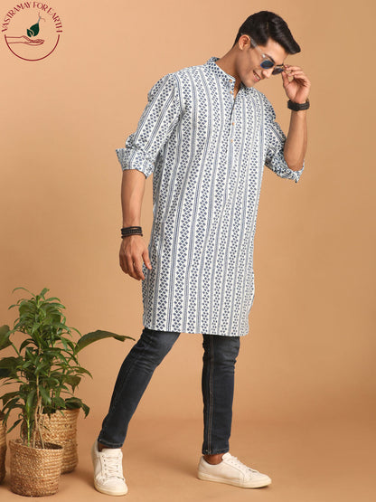 vastramay mens white and blue geometrical striped printed curved kurta