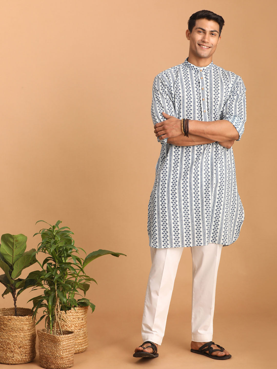 vastramay mens white and blue geometrical striped printed curved kurta with white pant set