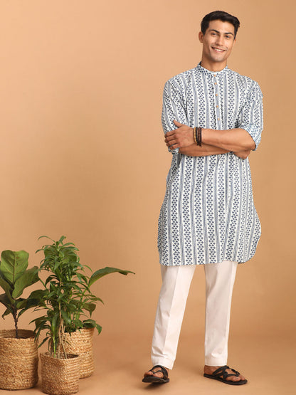 vastramay mens white and blue geometrical striped printed curved kurta with white pant set 2