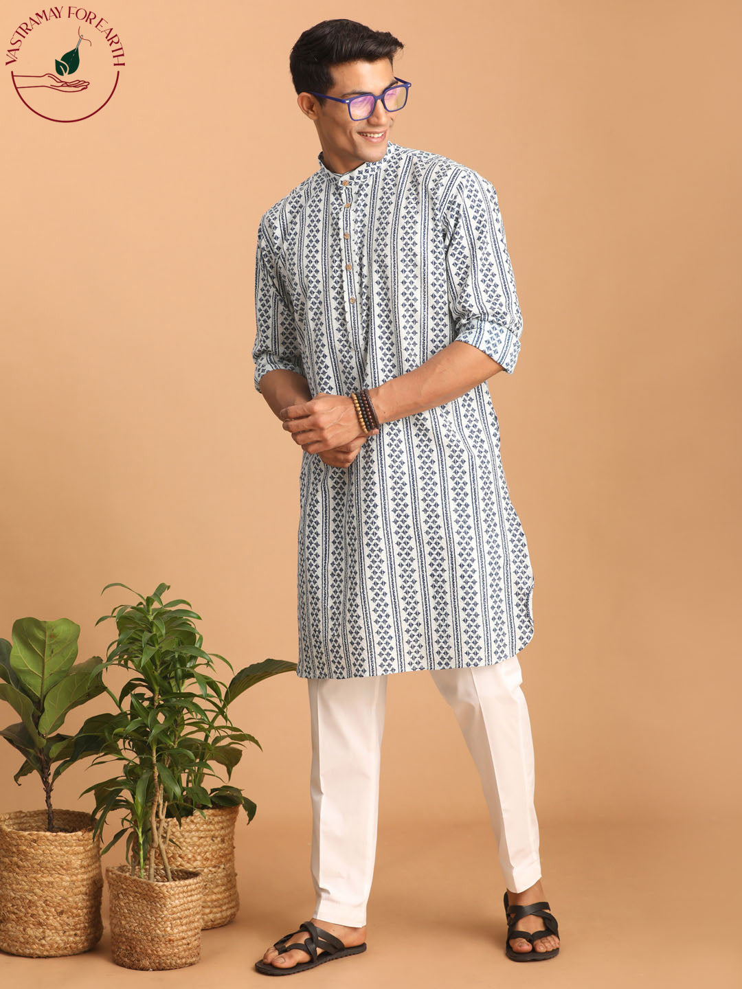 vastramay mens white and blue geometrical striped printed curved kurta with white pant set