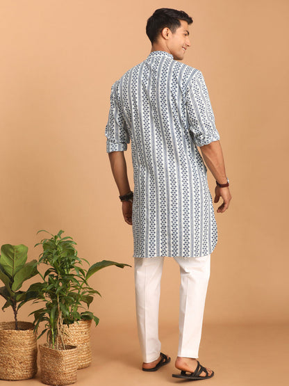 vastramay mens white and blue geometrical striped printed curved kurta with white pant set