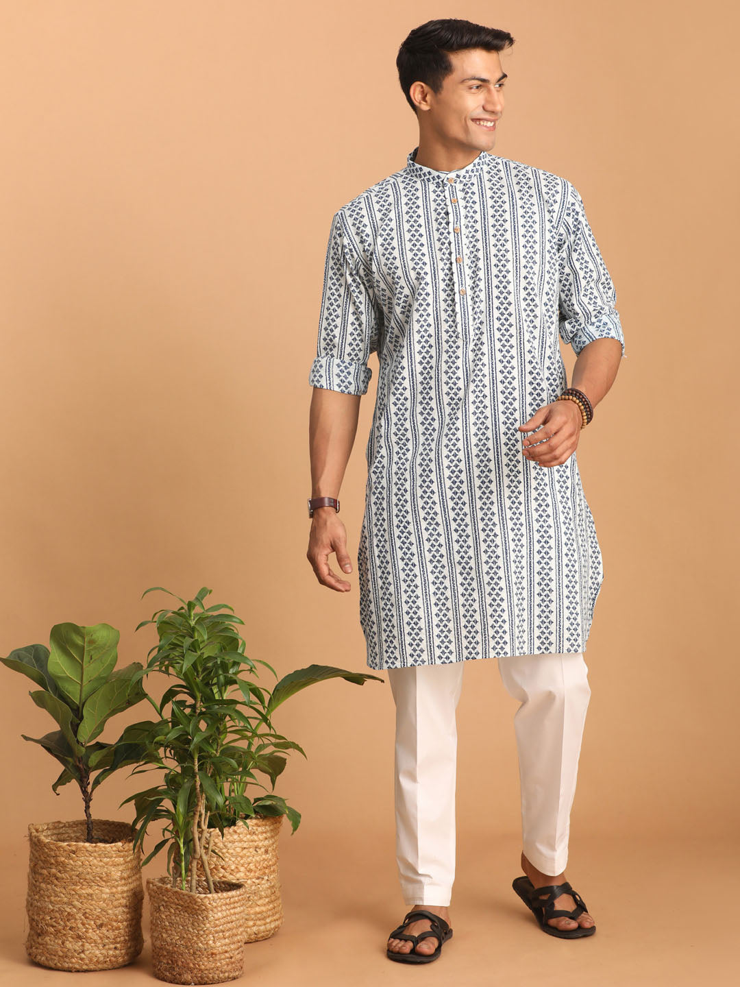 vastramay mens white and blue geometrical striped printed curved kurta with white pant set