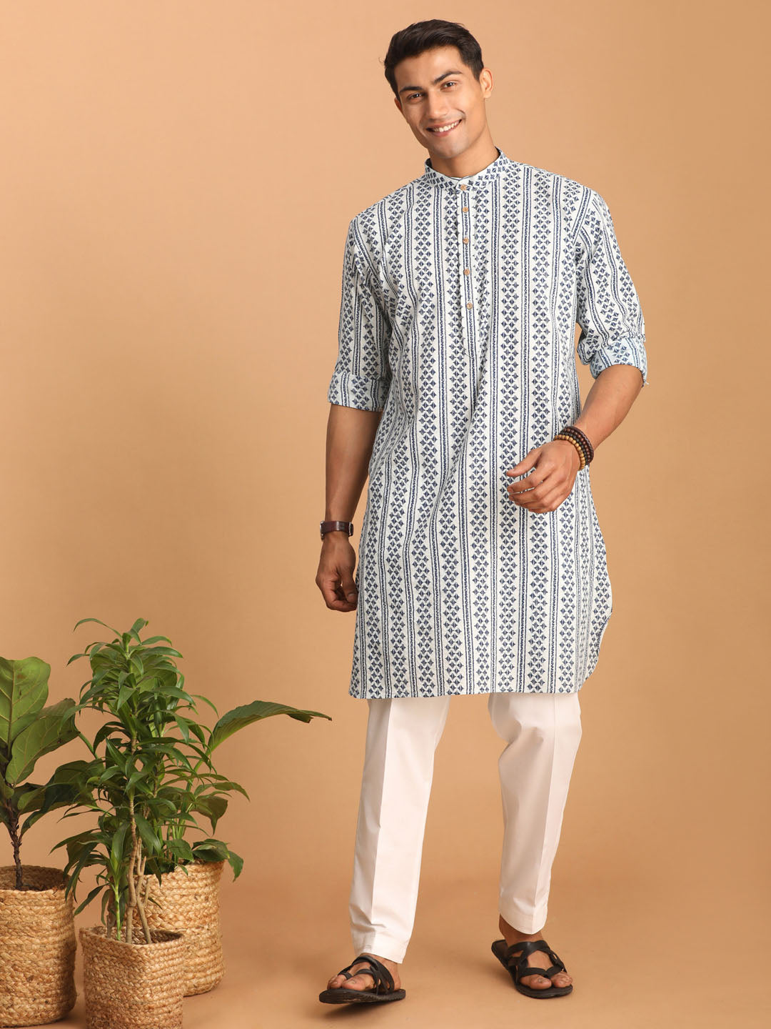 vastramay mens white and blue geometrical striped printed curved kurta with white pant set