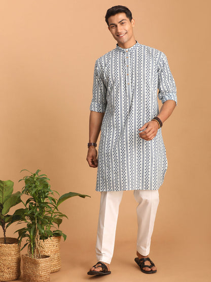 vastramay mens white and blue geometrical striped printed curved kurta with white pant set 2